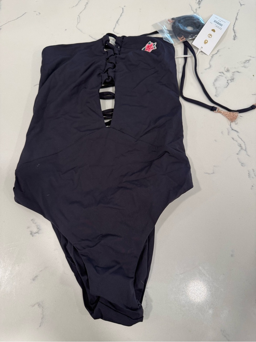 Spiritual Gangster Black One-Piece Swimsuit with Pink Floral Patch